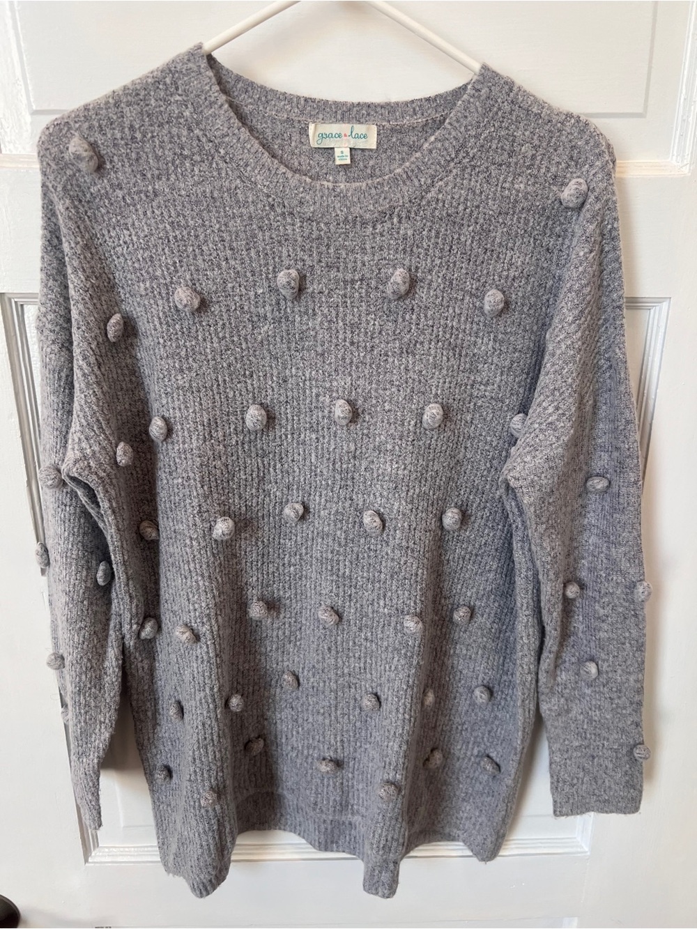 Grace & Lace Gray Pom-Pom Crewneck Sweater